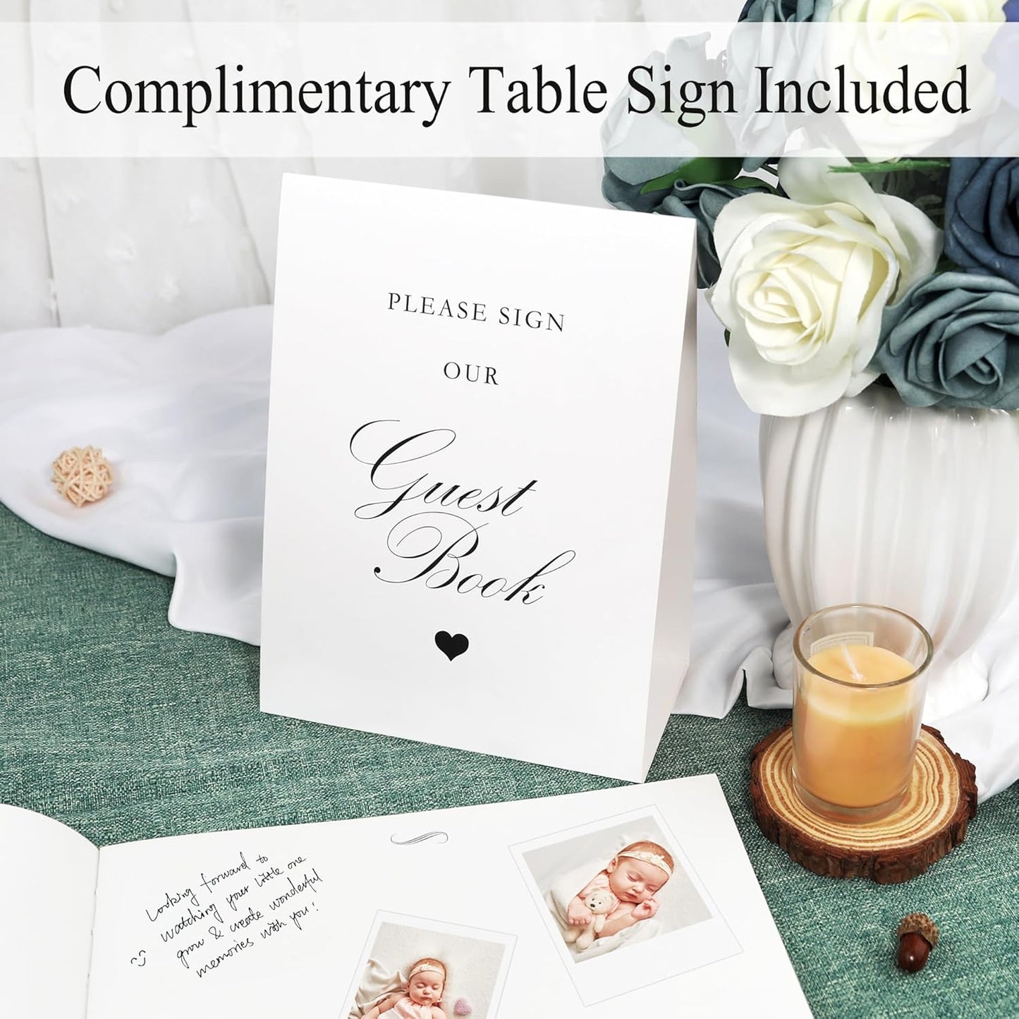 SUNEE Wedding Guest Book - Polaroid Guest Book Weddings Reception, Linen Cover 7" x 9" Guest Book for Baby Shower, Birthdays and Special Events, 100 Blank Pages for Wedding Sign in and Photos, Green