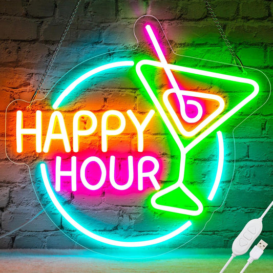 Happy Hour Neon Sign Dimmable Led Happy Hour Neon Bar Signs for Home Bar, USB Powered Bright Cocktails Happy Hour Neon Signs for Wall Decor Bar Pub Man Cave Party Art Decor(14.1*12.5inches)