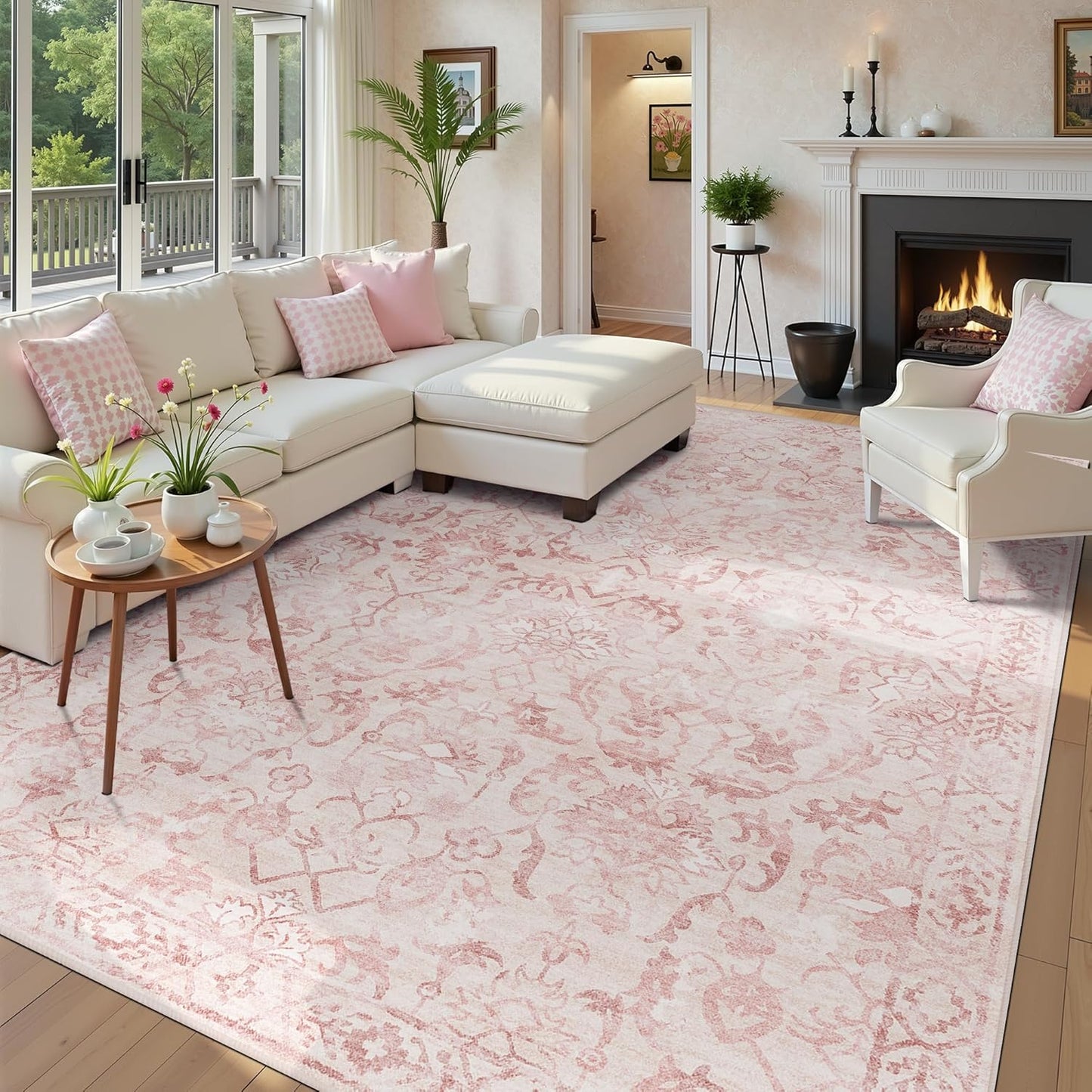 Pink Area Rugs 7x9 for Living Room, Washable Vintage Rugs for Bedroom, Distressed Throw Rug, Non Slip Rug Carpet for Bedroom Dining