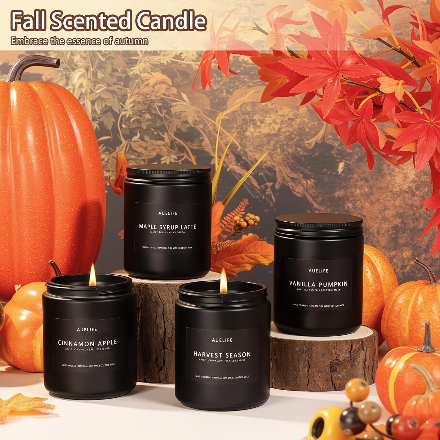 Fall Candle Set | 4 Pack Scented Candles - Autumn Soy Candles for Home Scented, Aromatherapy Gifts for Women, Thanksgiving & Fall Decor - Pumpkin, Apple, Latte & Harvest Scents