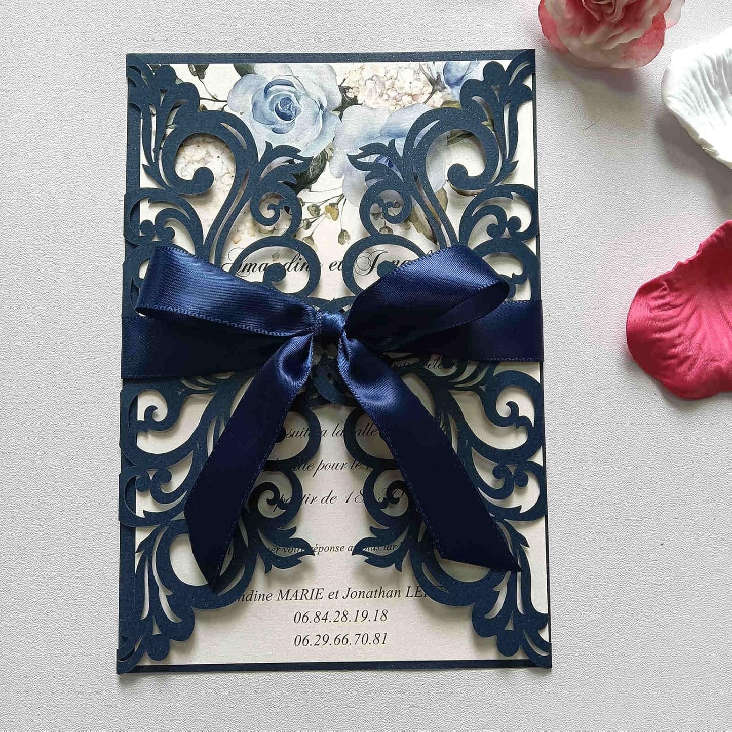 25PCS Pearl Navy Blue Laser Cut Wedding Invitations Cards with Envelopes,Blank Inner Sheets,Ribbons for Wedding Bridal Shower Quinceañera Engagement Birthday Invites