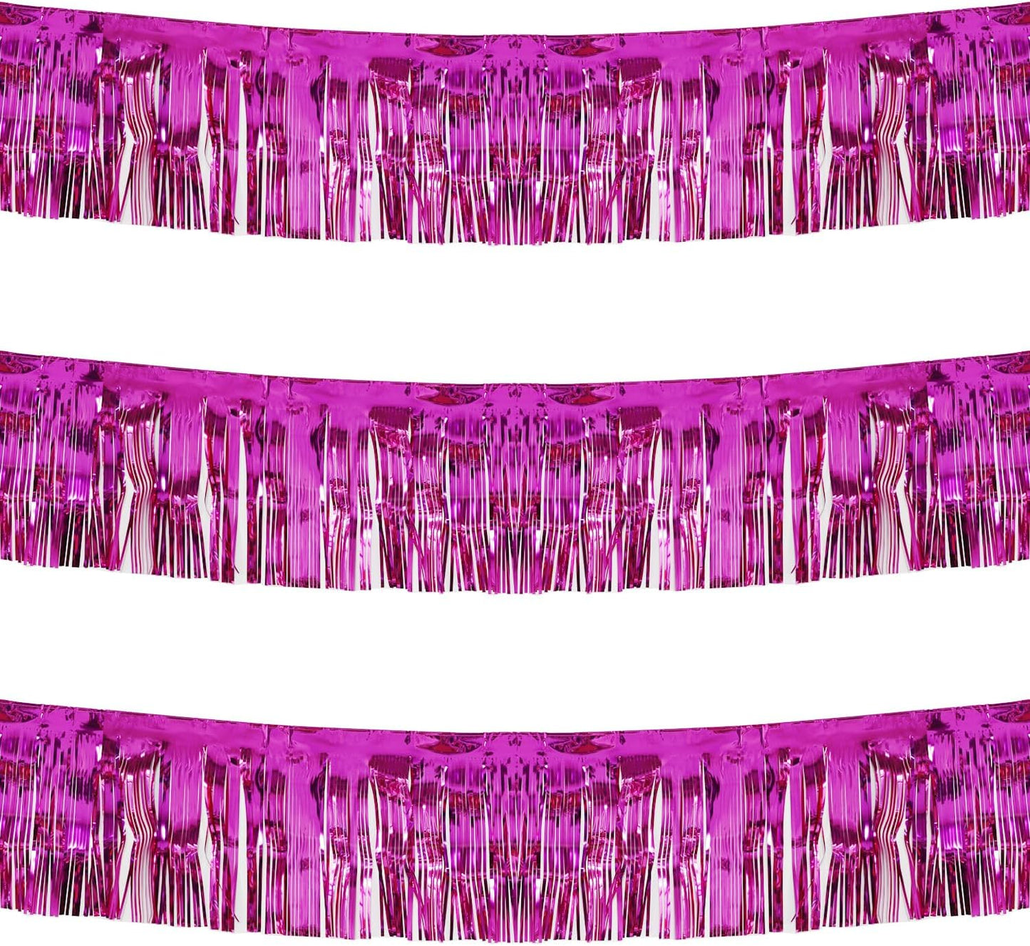 Thick 10 feet by 15 inches Fuchsia Foil Fringe Garland - Pack of 3 | Shiny Metallic Tassle Banner for Car Parade Floats, Wedding, Birthday | Wall Hanging Fringe Garland Banner (Fuchsia)