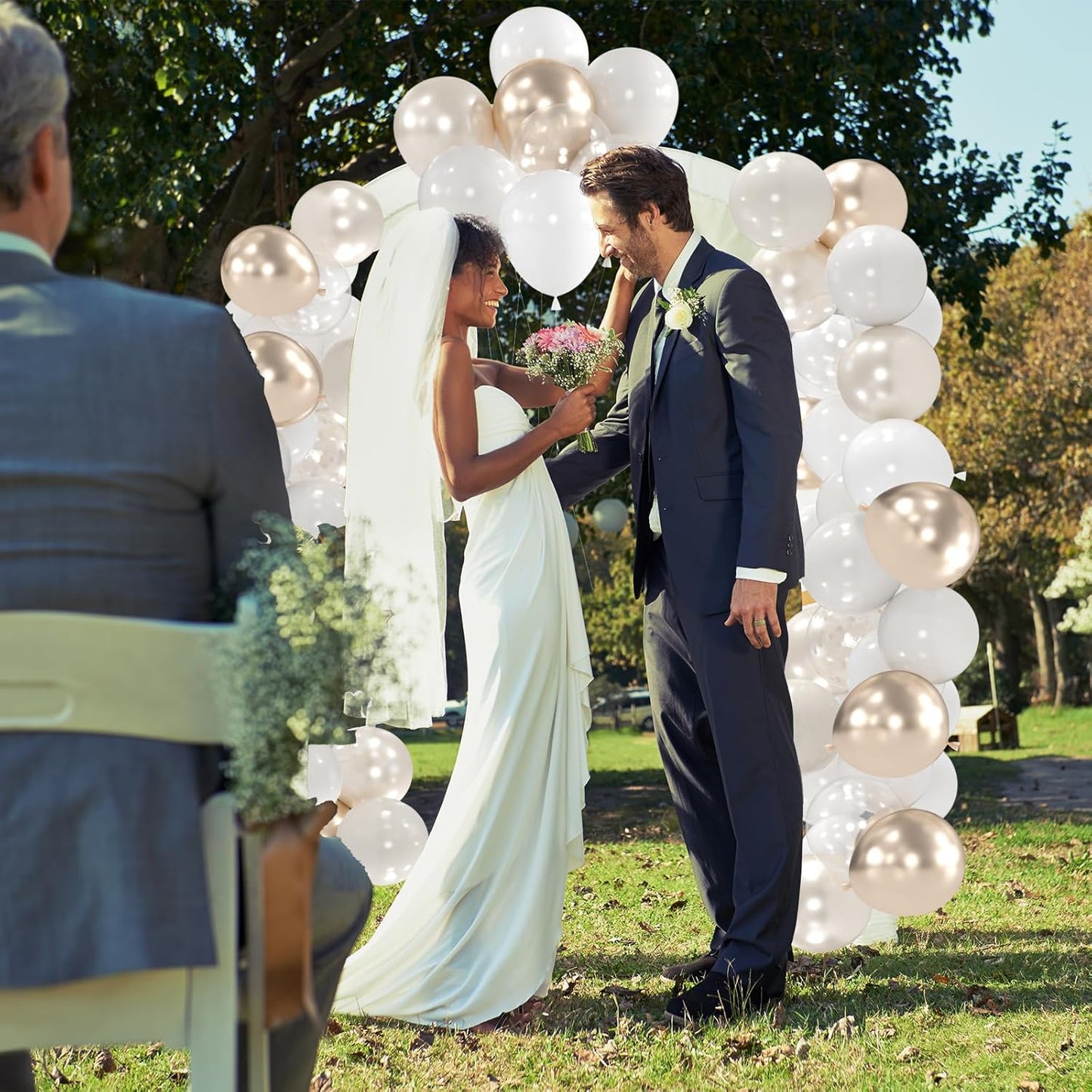 100pcs White and Gold Balloons - 12inch Sand White Metallic Champagne Gold Nude Pearl White & Clear Balloon for Baby showers, Wedding, Bachelorette, Graduation (with 66ft Ribbons)