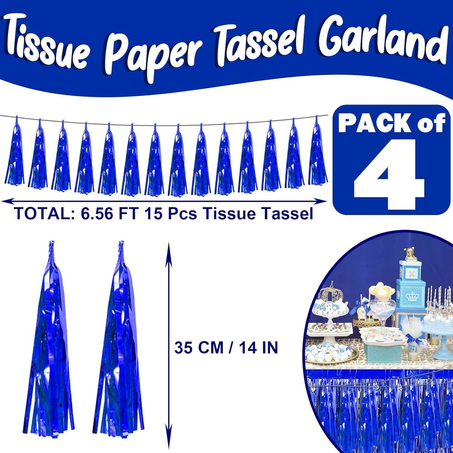 4P Blue Foil Fringe Metallic Tassel Streamers Banner Tassel Garland for Parade Floats, Bachelorette, Wedding, Birthday, Halloween, Christmas, Bridal/Baby Shower Party Decorations