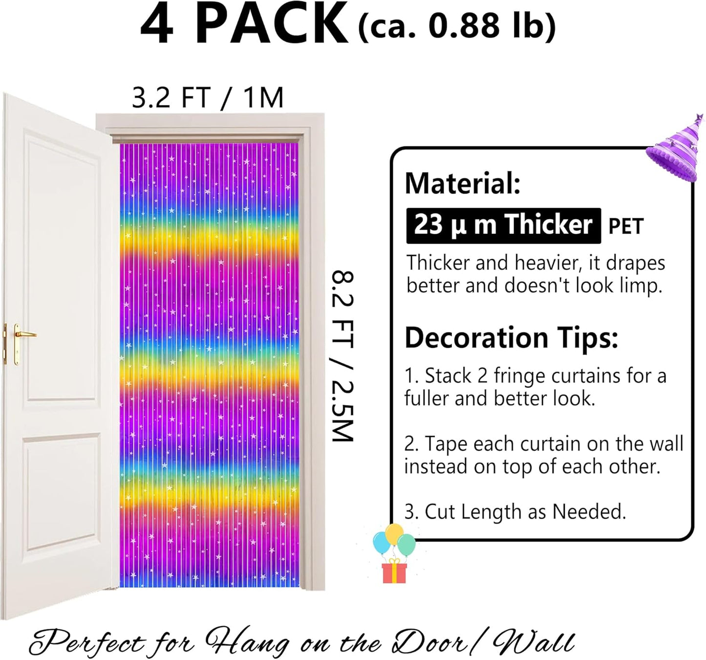 Rainbow Streamers Party Decorations - Thicken 4 Pack 3.2 x 8.2 FT - Rainbow Gradient Tinsel Foil Fringe Curtains, Photo Booth Props Backdrop for Birthday, 80s 90s Party Decorations