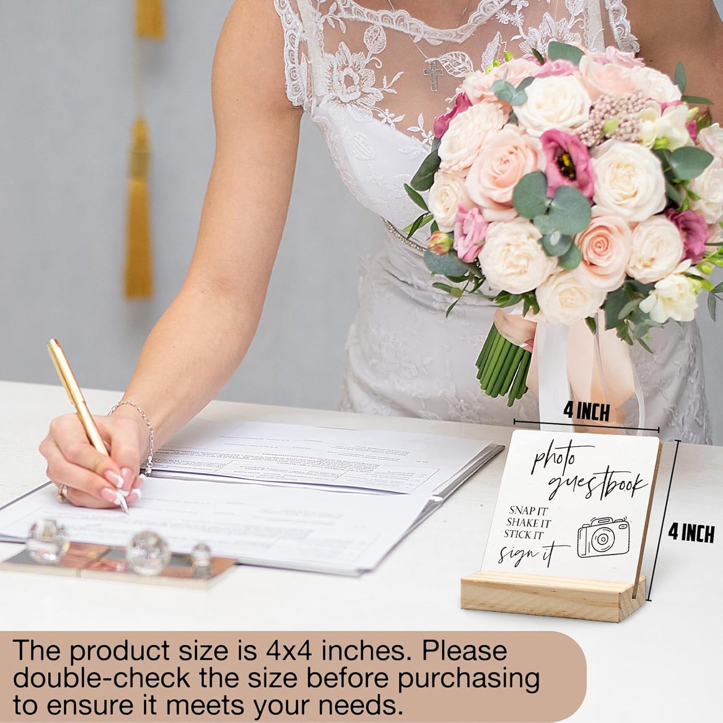 Wedding Guest Book Desk Decor 4x4 Inch, Photo Guest Book Sign Wood Plaque, WeddingGuestBook Sign, Wedding GuestBook Sign Wooden Plaque with Wood Stand for WeddingReception Table Decor