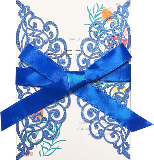 50Pcs Laser Cut Blue Wedding Invitation With Glitter Envelopes And Ribbons Blank Personalized Card Invitaciones Para quinceañera Birthday Baby Shower Christmas Party Bridal Shower
