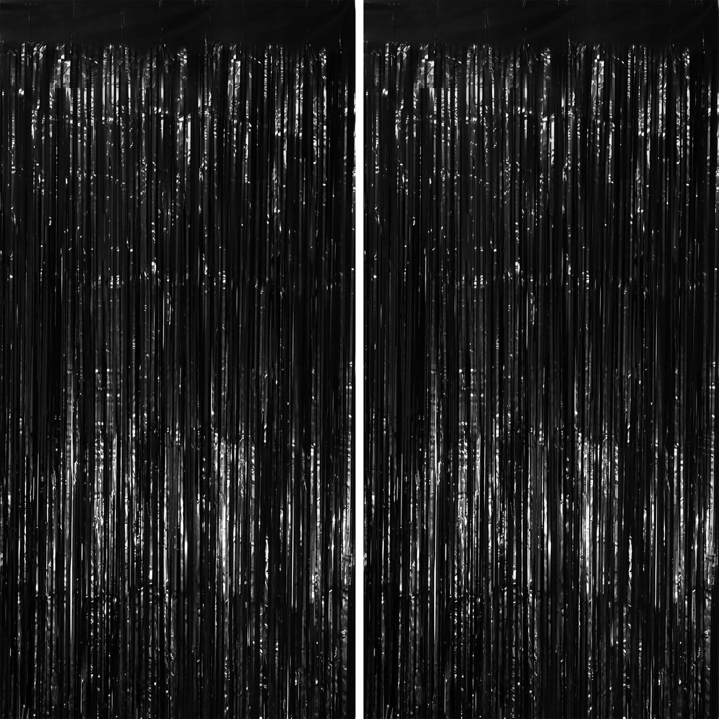 2 Pack Black Tinsel Foil Fringe Curtains, Black Party Decorations, Metallic Tinsel Party Streamers Backdrop for Birthday Halloween New Years Graduation Party Decorations