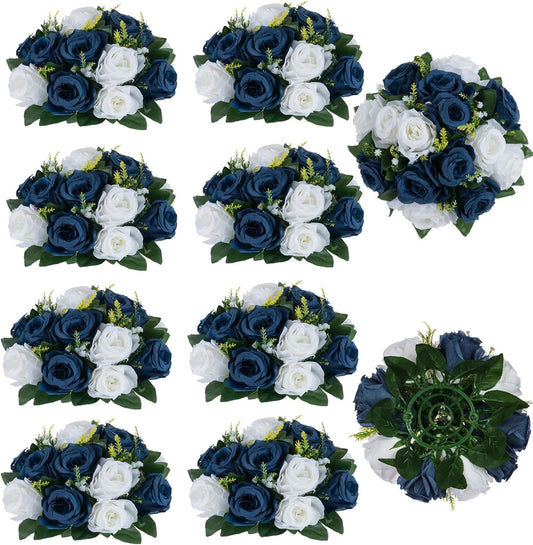 BLOSMON Navy Blue Flowers for Centerpieces: 10 Pcs Artificial Roses Flower Balls for Wedding Table - Fake Silk Kissing Bouquet Floral Arrangement for Home Party Event Decoration