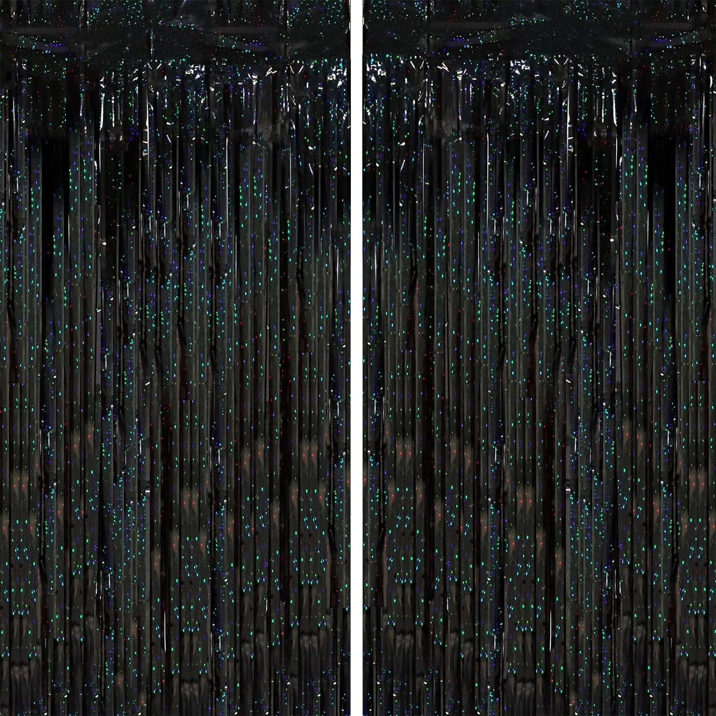 2 Pack Laser Black Tinsel Foil Fringe Curtains, Black Party Decorations, Metallic Tinsel Party Streamers Backdrop for Birthday Halloween Masquerade New Years Gatsby 1920s Party Decorations
