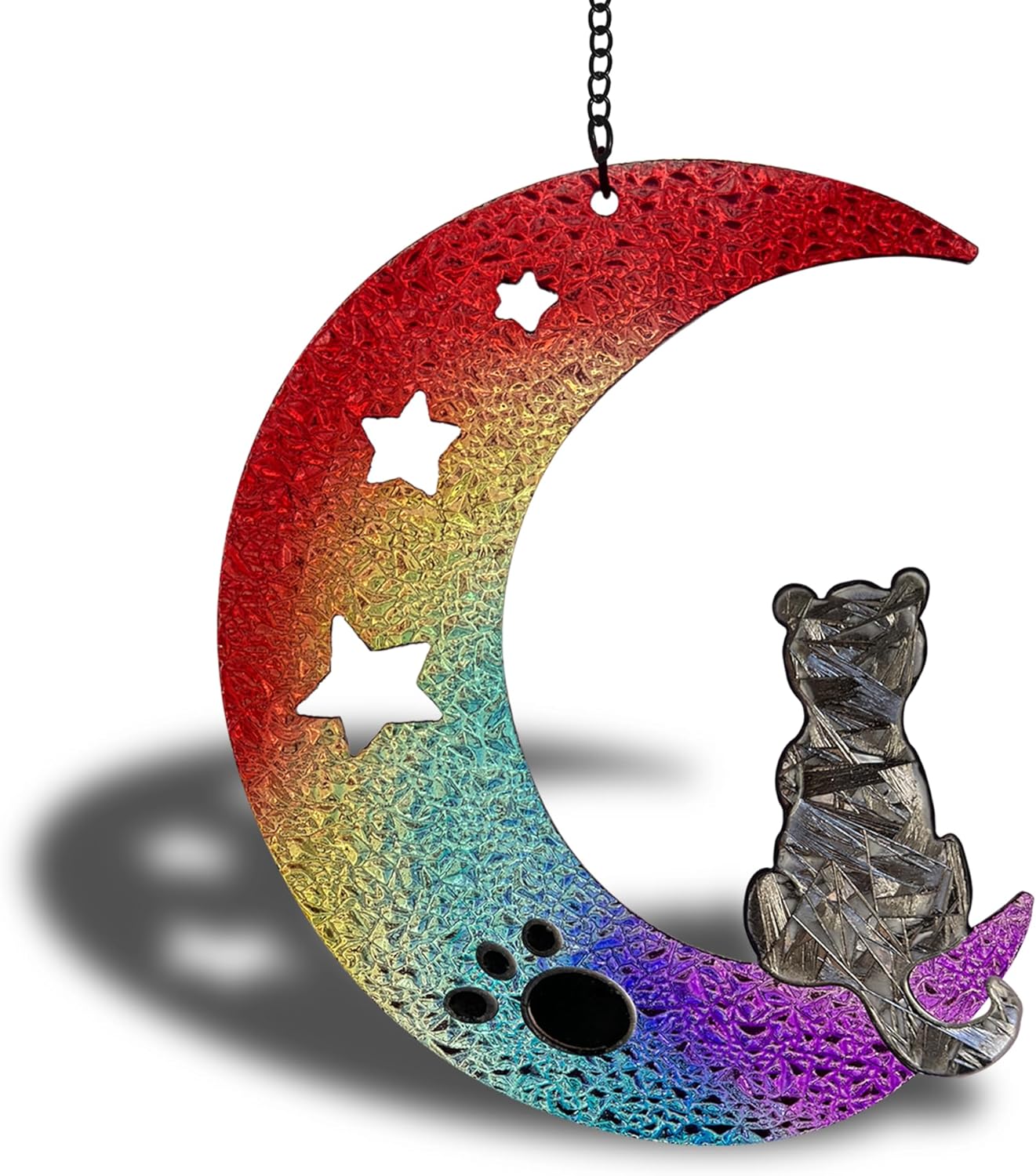 Stained Glass Window Hanging - Colorful Gradient Moon Suncatcher for Door Terrace Garden Home Decor Black Kitten Sun Catcher Birthday Gifts for Lovers Women Men Dad Mom Nana 6.3 in