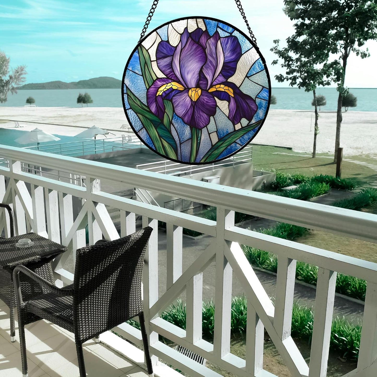 Stained Glass Window Hanging - Iris Birth Flower Suncatcher for Doors Garden Yard Purple Blue Sun Catchers Decor Christmas Mother's Day Birthday Gifts for Teacher Women Mom Nana 6.3 in