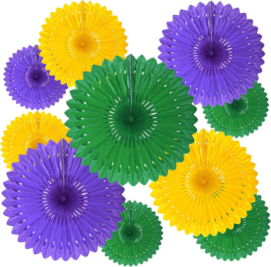 18 Pcs Mardi Gras Hanging Honeycomb Paper Fans, Round Paper Fan Decorations for Weddings, Birthdays, Bachelorette, Photo Booth Backdrops, Baby Shower, Anniversary Events Party Supplies