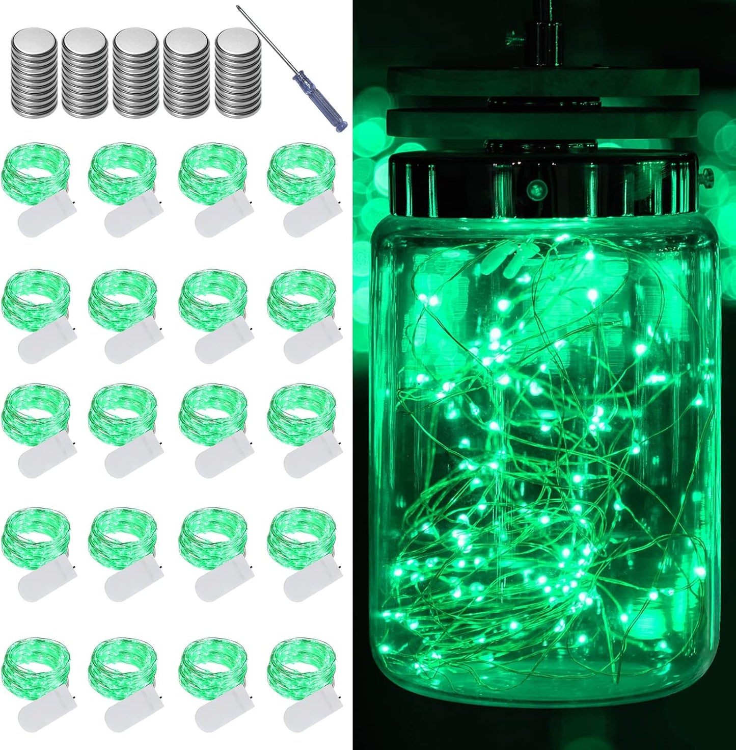 LAMPHOME 20 Pack Fairy Lights Battery Operated String Lights, 20 LED on 6.6FT Silvery Copper Wire, Firefly Fairy String Lights for Wedding Party Mason Jar Christmas Decorations Bedroom Decor(Green)