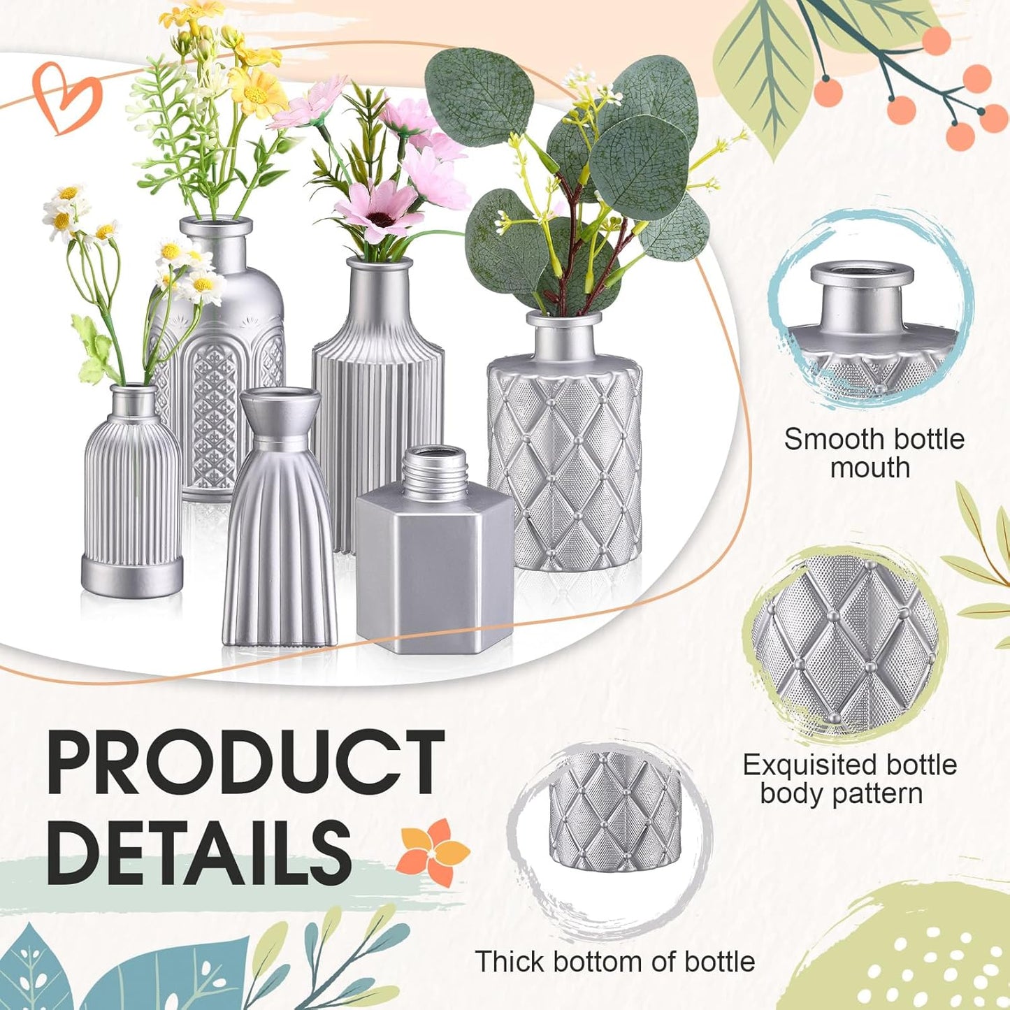 Yaomiao 30 Pcs Vases Bulk Colored Flower Glass Vases Bud Vintage Colored Glass Bottles Colorful Rustic Embossed for Home Wedding Table Decorations Gifts(Silver Series)