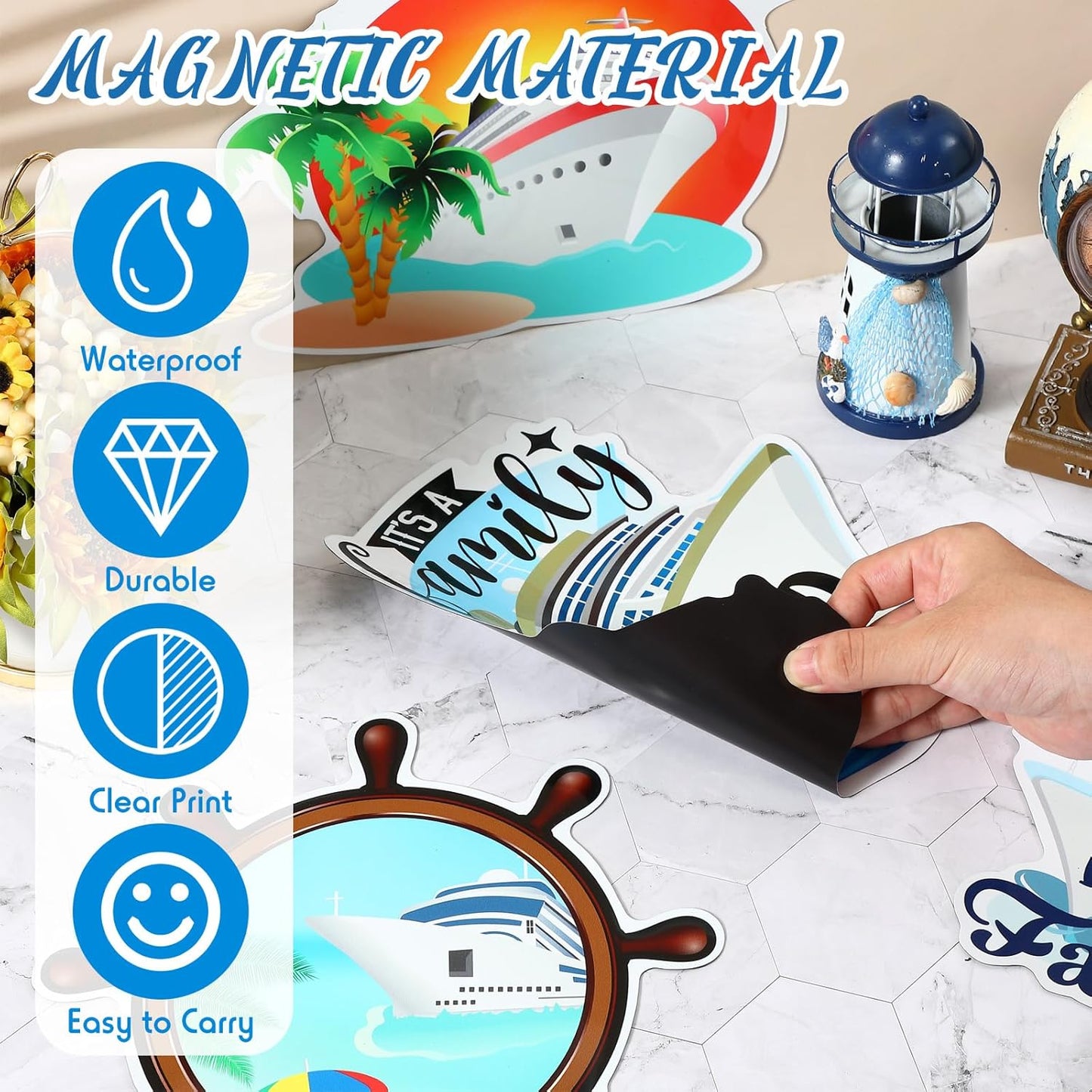 Hoteam 4 Pcs Family Cruise Door Decorations Magnetic Large Cruise Ship Door Magnets Funny Waterproof Nautical Magnets for Carnival Cabin Stateroom Fridge Car