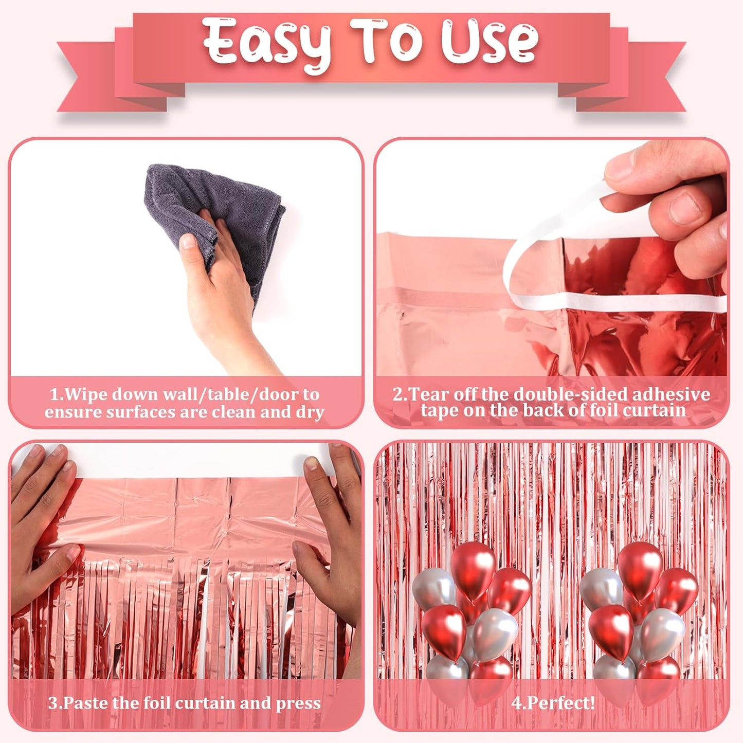 2 Pack Rose Gold Foil Fringe Backdrop Curtains, Tinsel Streamers Birthday Party Decorations, Fringe Backdrop for Graduation, Baby Shower, Gender Reveal, Disco Party