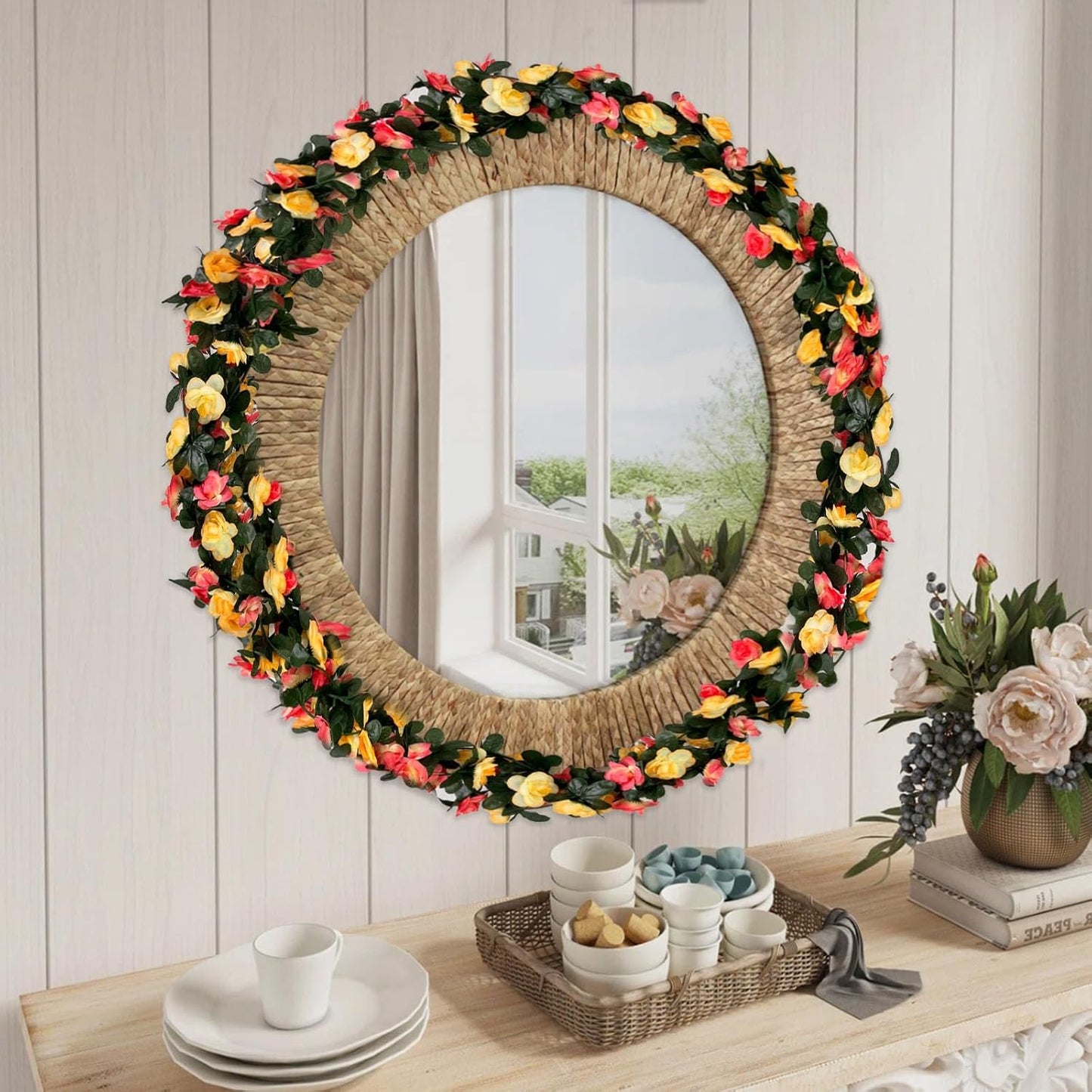 16Pcs 126Ft Pink&Yellow Rose Garland, Fake Rose Hanging Flowers, Artificial Flower Vine, Hanging Floral Vine Garland for Wedding, Birthday Party, Wall Arch, Halloween, Christmas Garden Backdrop Decor