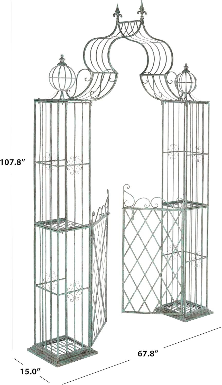 SAFAVIEH Outdoor Collection Beatrix Victorian Antique Dark Green Wrought Iron Trellis Garden Arch Arbor