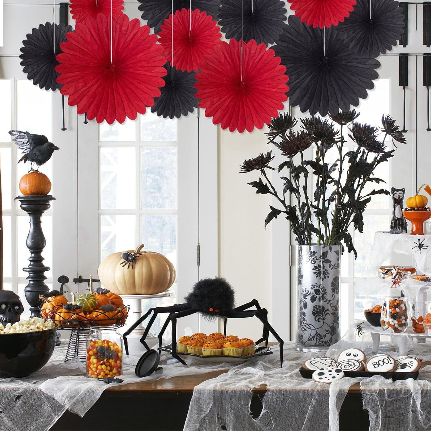 20 Pcs Black Red Hanging Paper Fan, Hanging Honeycomb Round Paper Fans for Weddings, Birthdays, Christmas, Baby Showers, Classroom, Events Ceiling Party Supplies Decorations