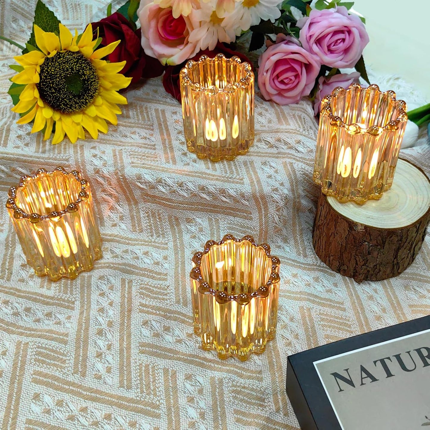 GOLDEAL 6Pcs Gold Glass Votive Candle Holders Tealight Holders Decorative, Tea Candle Holders Bulk,Candlestick for Wedding, Party,Dinner, Home Table Decor.