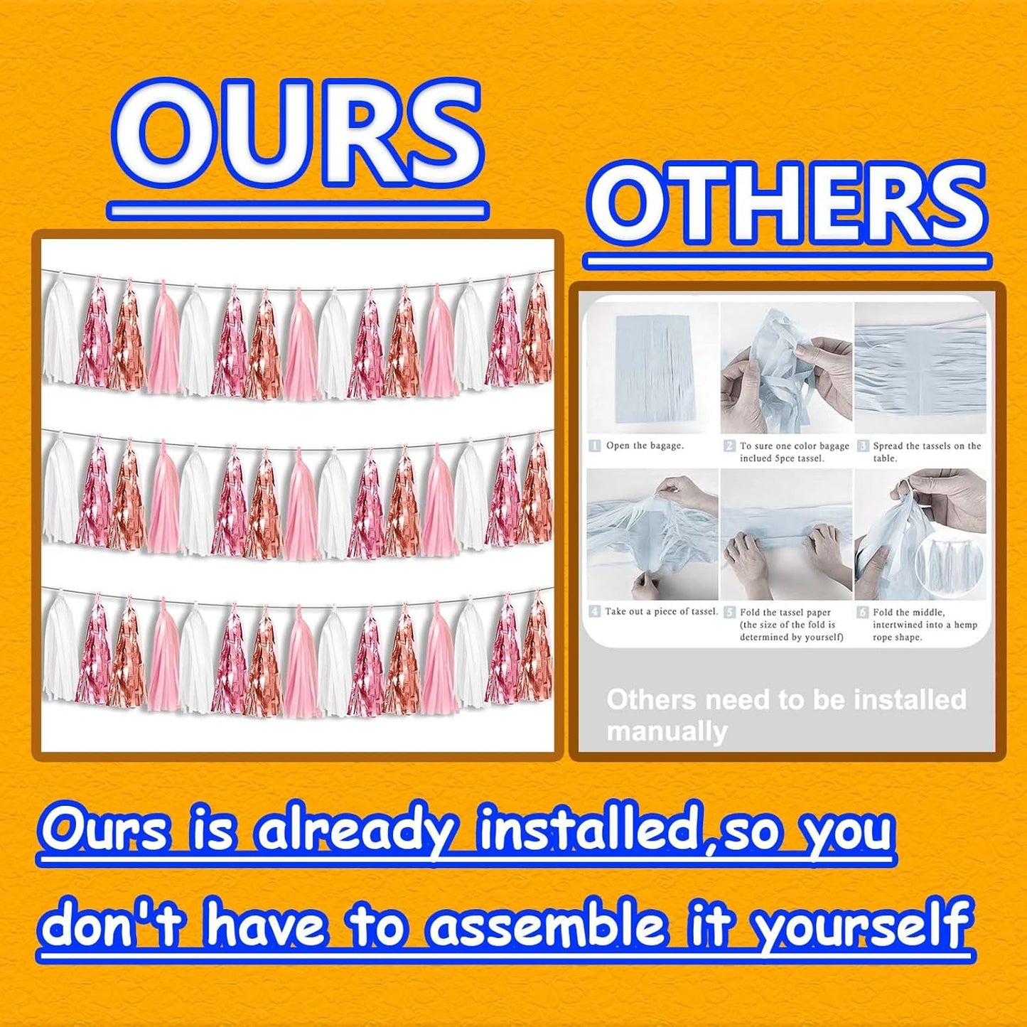 3P Metallic Fringe Tassel Banner Garland Foil Tinsel Streamer Wall Hanging Curtain Backdrop for Parade Floats, Graduation, Wedding, Birthday, Retirement Party Decorations(Rose-Gold Pink White)