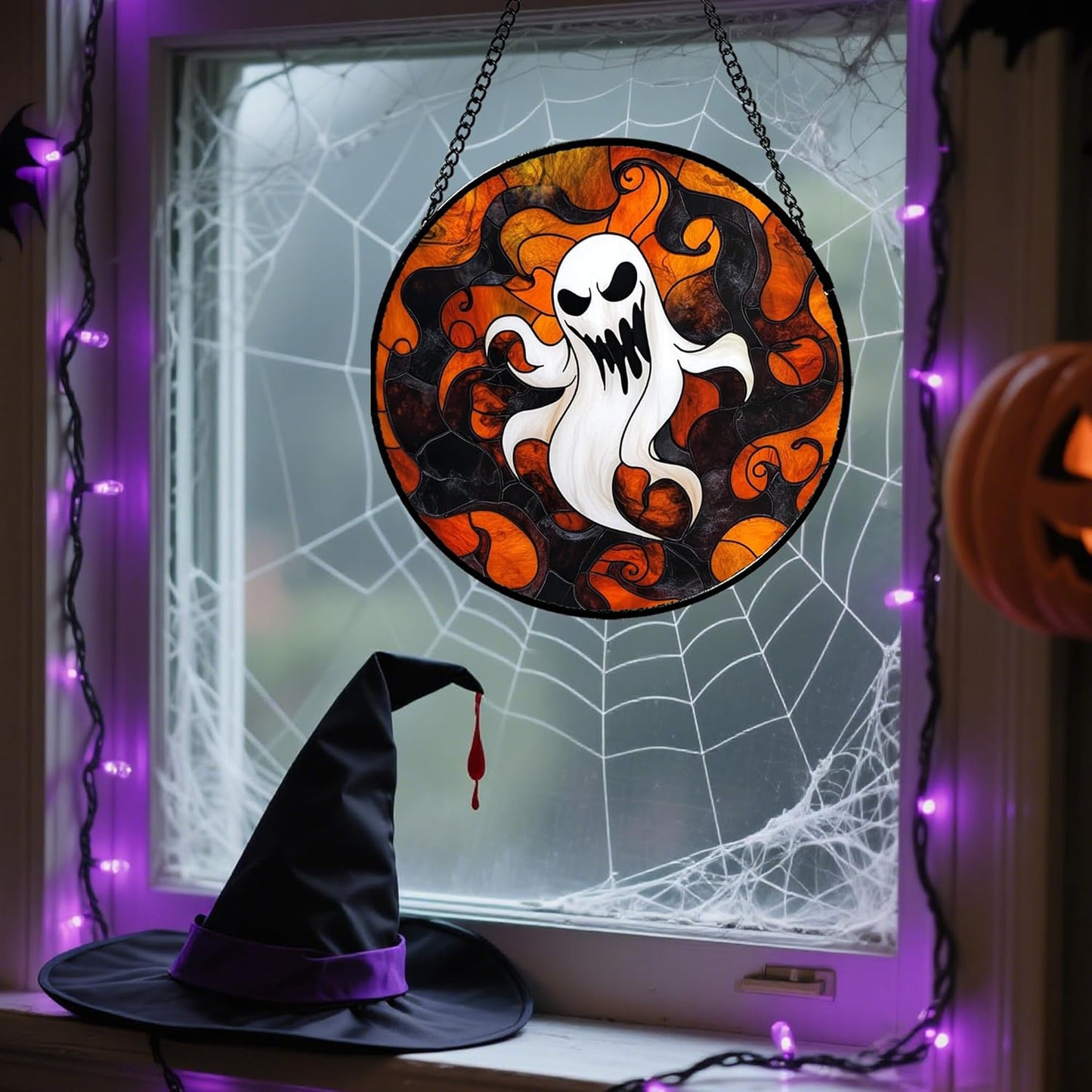 Stained Glass Window Hanging - Halloween White Ghost Suncatcher for Doors Window Garden Indoor Spooky Funny Orange Sun Catchers Gothic Decor Horror Gifts for Women Men Friend 15 in