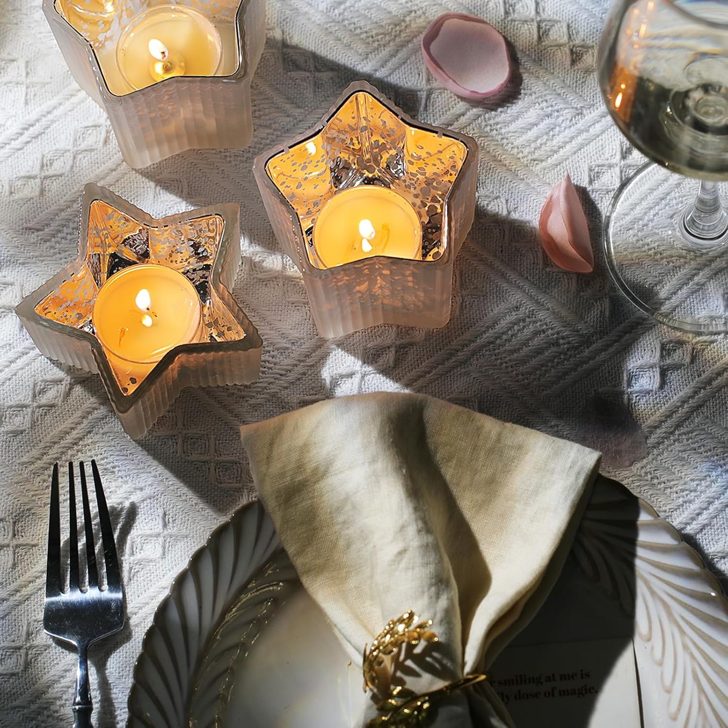 Letine 10pcs Frosted Silver Ribbed Star Candle Cups - Assorted Height Tea Light Candle Holders, Mercury Glass Votives for Wedding, Fall Table Centerpiece& Holiday Decorations (Tall 2.44", Short 1.57")