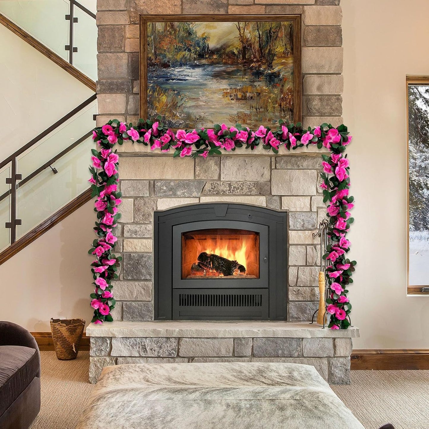 8Pcs 63Ft Fuchsia Rose Garland, Fake Rose Hanging Flowers, Artificial Flower Vine, Hanging Floral Vine Garland for Wedding, Birthday Party, Wall Arch, Halloween, Christmas Garden Backdrop Decor