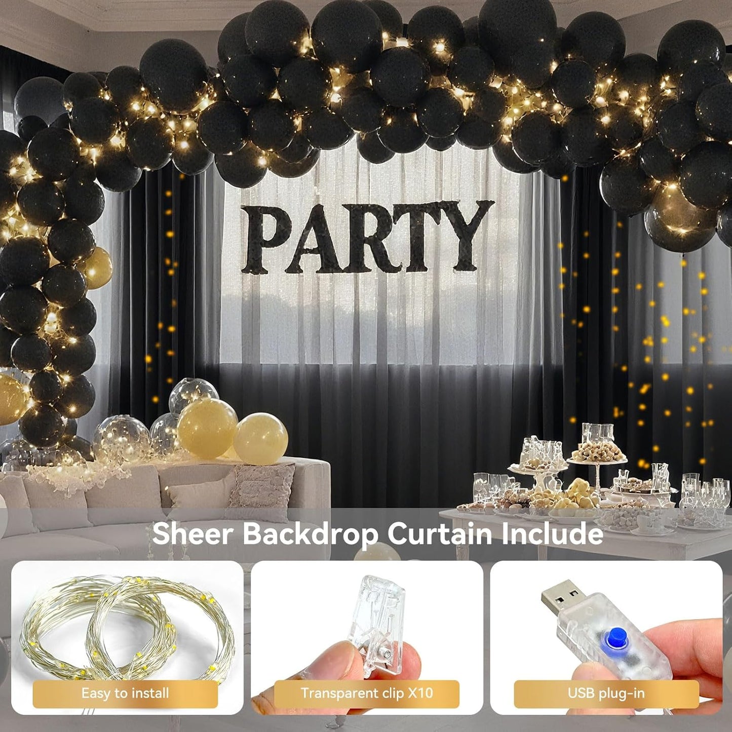 Ledido 10×8ft Tulle Backdrop Curtains with Lights String - 300LED Fairy Lights Sheer Curtain Backdrop for Weddings Baby Shower and Birthday Party Decorations(8 Panels 5×8ft)