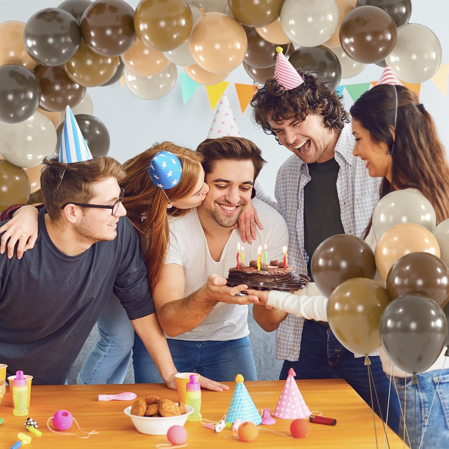 100pcs Brown Balloons - 12 Inch Dark Brown Beige Coffee Sand White & Neutral Balloons for Birthday, Boho Safari Baby Shower, 2025 Graduation Party Decoration (66ft Ribbons)