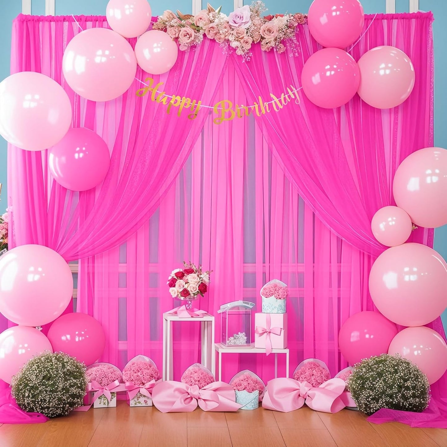 20ft X 10ft Hot Pink Tulle Backdrop Curtain for Parites, Sheer Backdrop Curtains Fabric Drapes for Wedding Ceremony Arch Party Stage Decorations