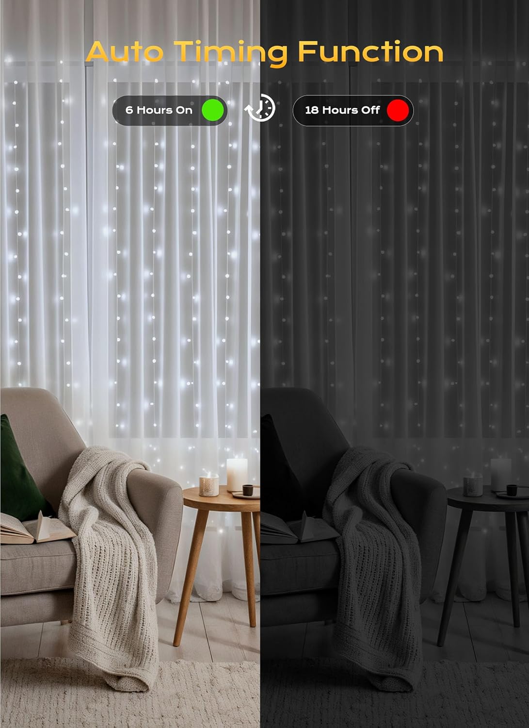 Brightown Curtain String Lights, Hanging Fairy Lights with Remote, 8 Modes, Waterproof Window Lights for Bedroom Backdrop Wedding Outdoor Christmas Party, White, 300LEDs