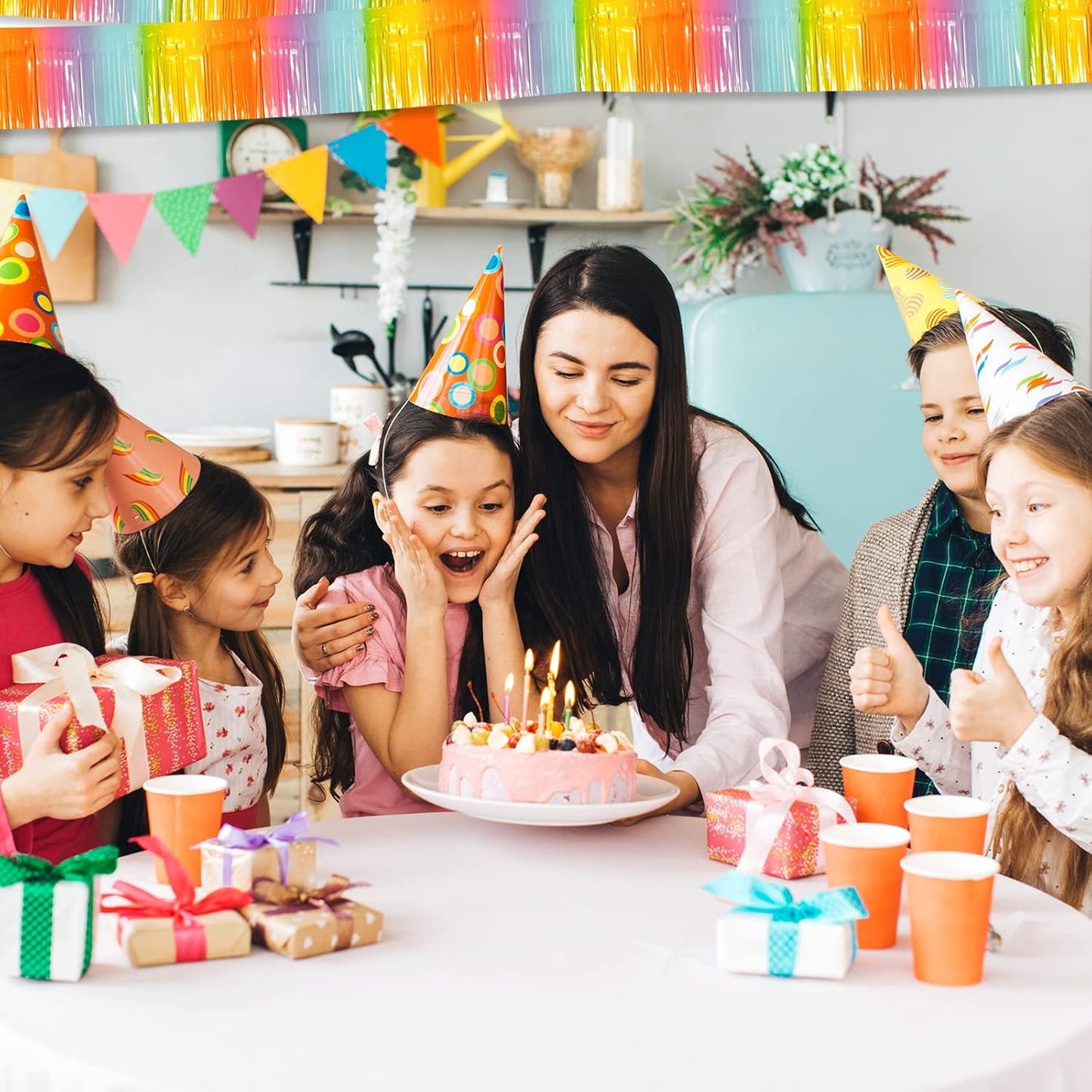 10 Pack 10 Feet Foil Fringe Garland Metallic Tinsel Streamers Banner Wall Hanging Curtain Backdrop for Parade Floats, Bachelorette, Wedding, Birthday, Easter, Carnival Party Decorations(Rainbow)