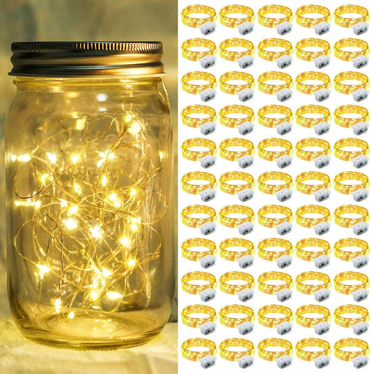 50 Pack Fairy Lights 7Ft 20 LED Twinkle String Lights 3 Modes Battery Operated Waterproof Firefly Starry for Mason Jar Party Wedding Christmas Valentines Day Table Centerpieces,Warm White