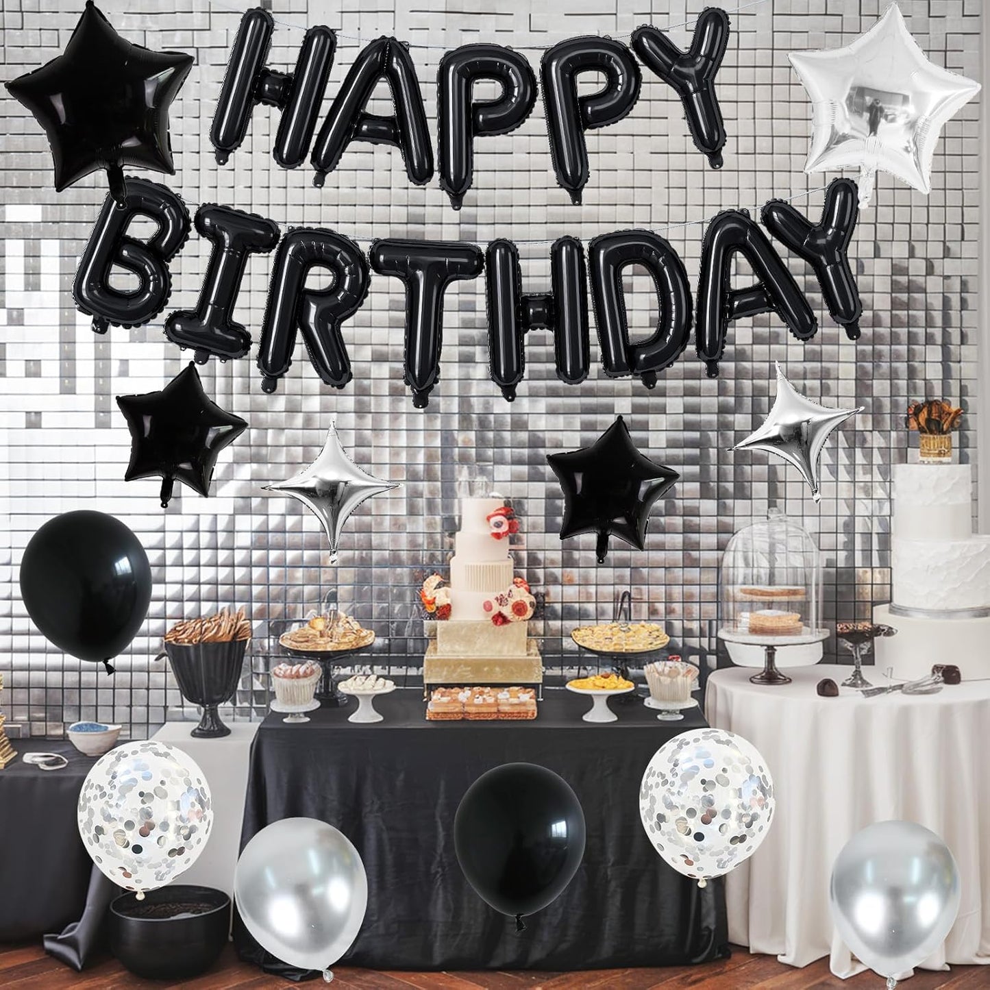 Happy Birthday Balloon Banner Black Silver, 16 Inch Mylar Foil Letter Balloons, Reusable Birthday Decorations with Black and Silver Balloons, Inflatable Party Supplies for Women Men Boys Girls Decor