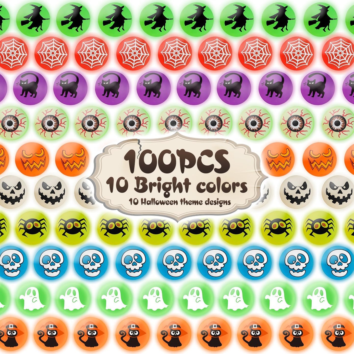 SpringFlower 100 Pcs Glow in The Dark Bouncing Balls,Halloween Party Favors Supplies, Trick or Treating Goodie Bag Filler，School Classroom Game Rewards, 10 Assorted Halloween Theme Designs