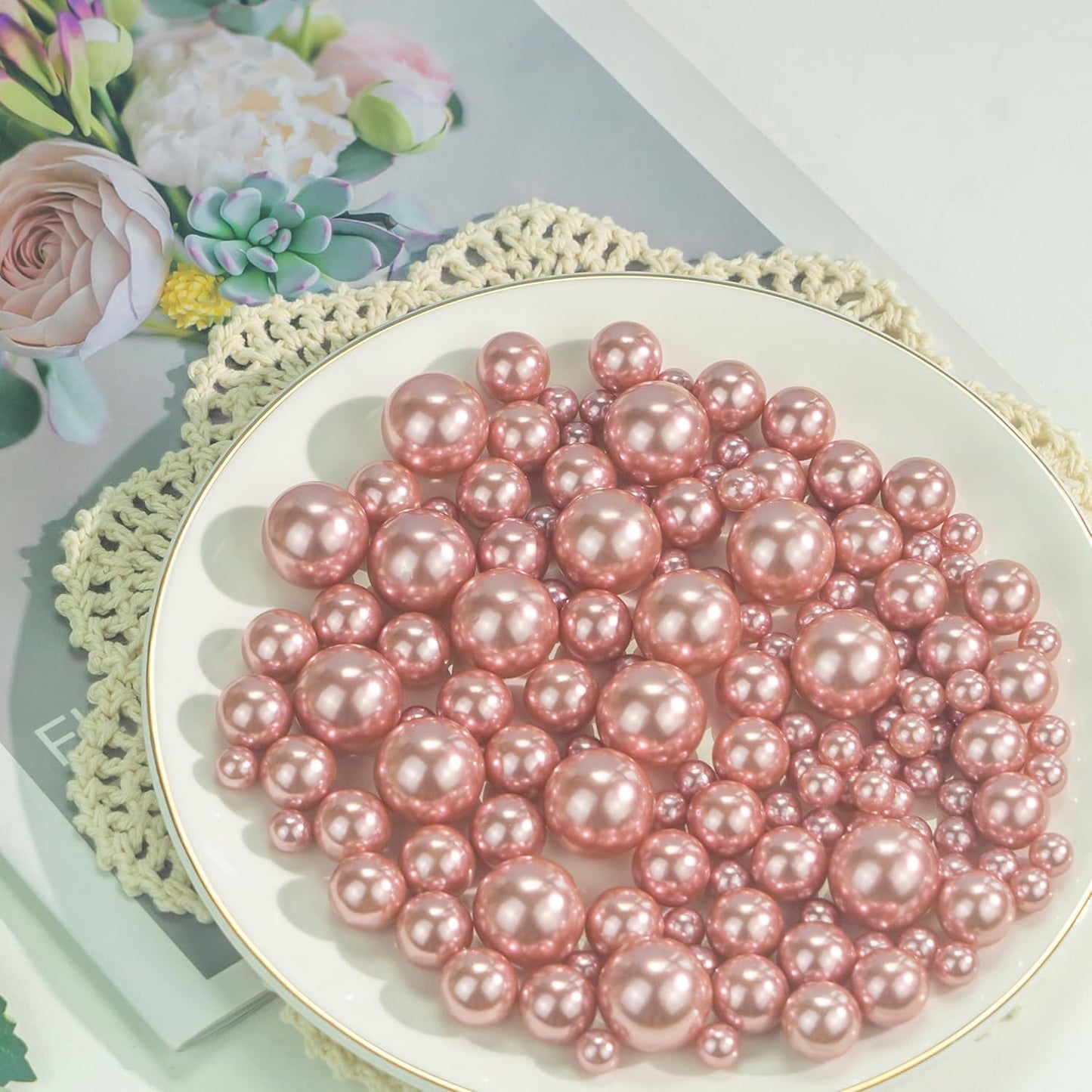 300Pcs Rose Gold Polished No Hole Faux Pearl Beads for Vase Filling Decorations, Plastic Pearls Vase Fillers, Table Scatters, Wedding Centerpiece, Home Decor, 8/14/20 mm