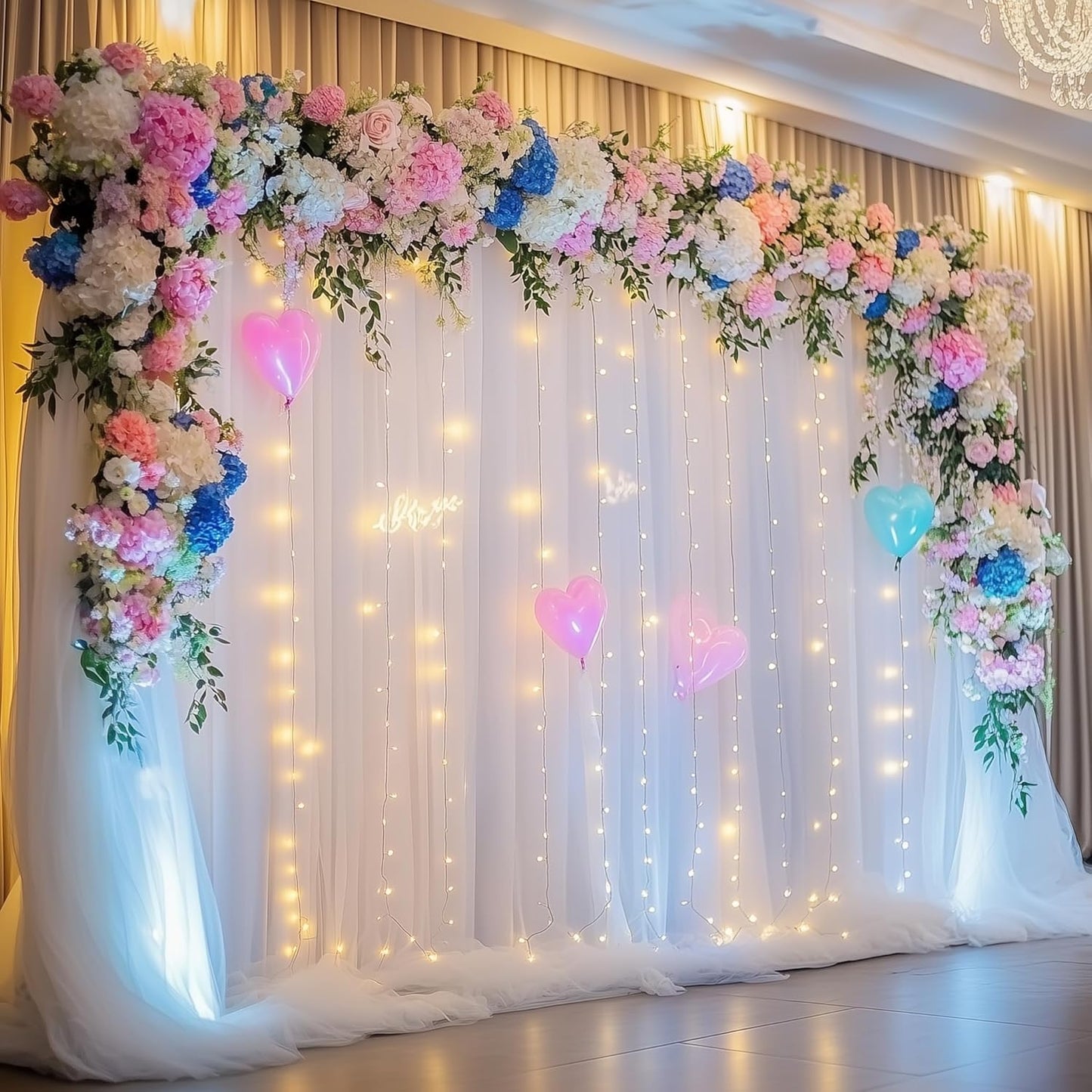 Tulle Backdrop Curtain with Lights String 30 X 10FT White Sheer Tulle Backdrop Curtains for Wedding Birthday Party Reception Photo Booth Background Decorations (6 Panels 5x10FT)