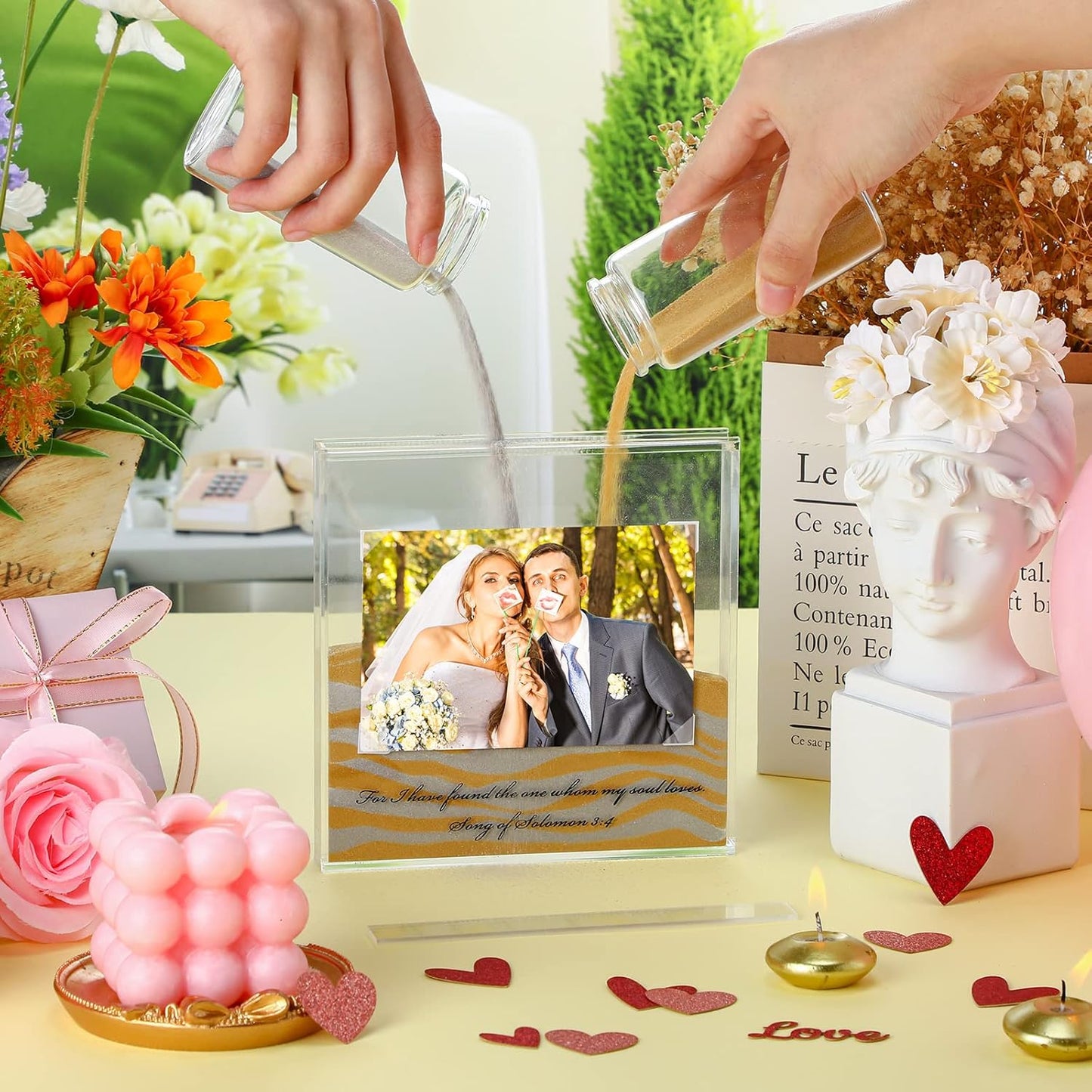 Roowest Sand Ceremony Kit for Wedding Includes Clear Acrylic Unity Sand Ceremony Photo Frame 2 Pack Photo Fixing Corner Stickers and 2 Glass Unity Holder for Wedding Home Decor(Yellow, Gray)