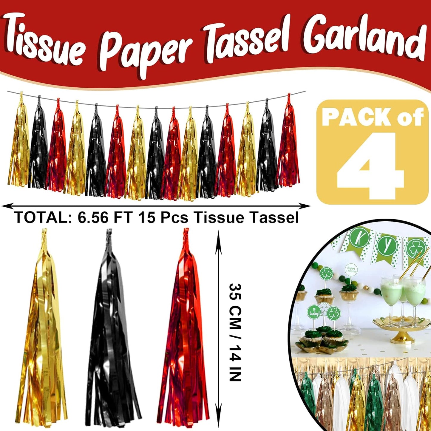 4P Black-Red Gold Foil Fringe Metallic Tassel Garland, Tassels Banner Streamers for Parade Floats, Bachelorette, Wedding, Birthday, Halloween, Christmas, Bridal/Baby Shower Party Decorations