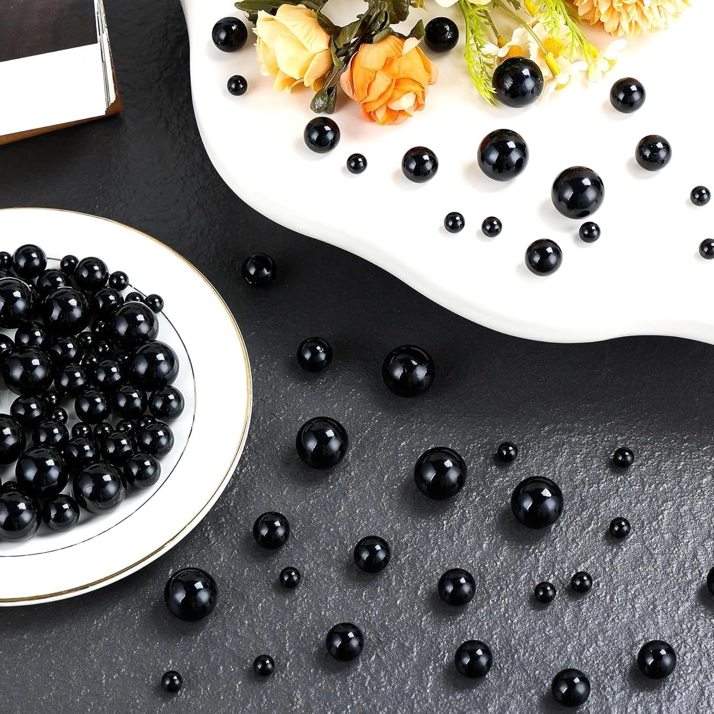 260Pcs Black Glossy Beads - 6mm, 14mm, 18mm Round Plastic Pearl Beads for Centerpiece Decor, Wedding, Birthday, Christmas Party, Home Decor