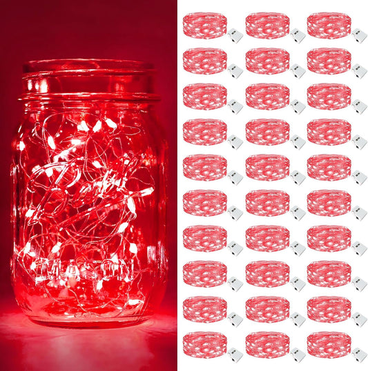 btfarm 30 Pack Fairy Lights Battery Operated [3 Modes], 7ft 20 Led Twinkle Lights String Lights Waterproof Bulk Small Mini Silver Wire for Christmas Mason Jars Wedding Table Centerpiece, Red