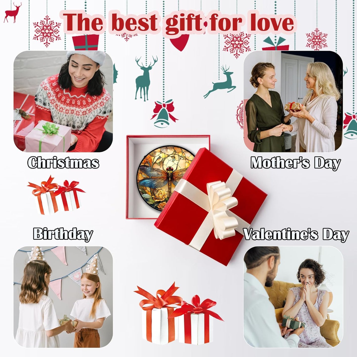 Stained Glass Window Hanging - Orange Blue Dragonfly Flower Suncatcher for Doors Window Home Sun Catchers Decor Christmas Mother's Day Birthday Outdoor Gifts for Women Men Mom Nana 6.3 in