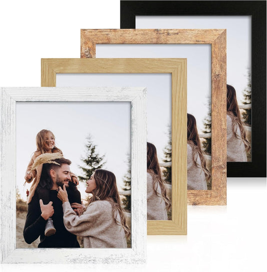 8x10 Picture Frame Set of 4, High Definition Real Glass 8 x 10 Photo Frames for Desktop Display and Wall Mounting(Distressed White+Oak+Rustic Brown+Black)