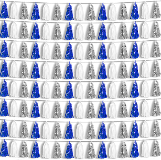8P Navy-Blue White-Silver Tassel Garland Banner, Tassels Banner Streamers for Parade Floats, Bachelorette, Wedding, Birthday, Halloween, Christmas, Bridal/Baby Shower Gratulations Party Decorations