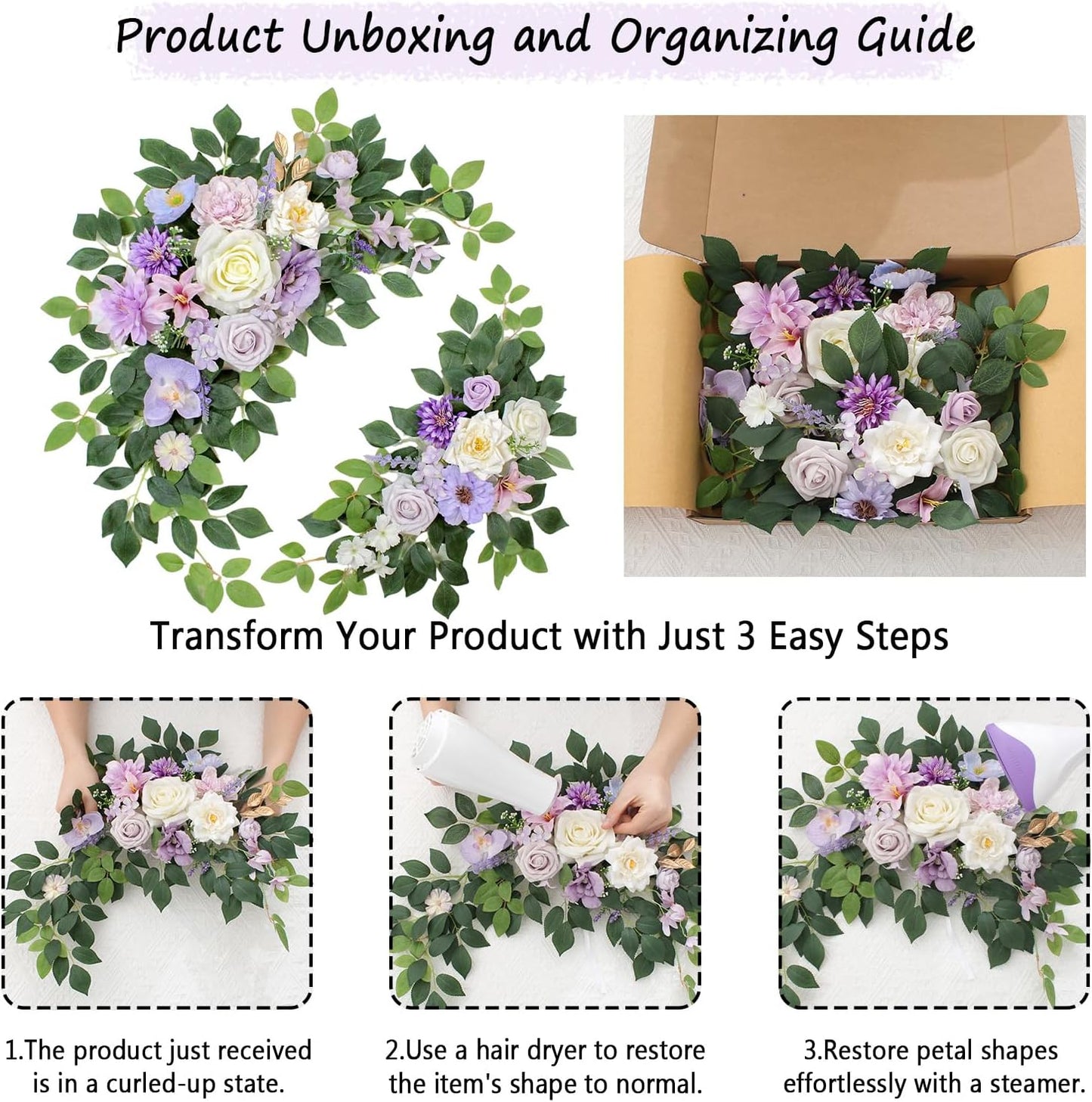 Pack of 2 Artificial Flowers for Backdrop Decoration, Wedding Arch Flowers,Reception Welcome Sign, Eucalyptus Garland, Suited to Aisle Decor and Wedding Arches（Purple）