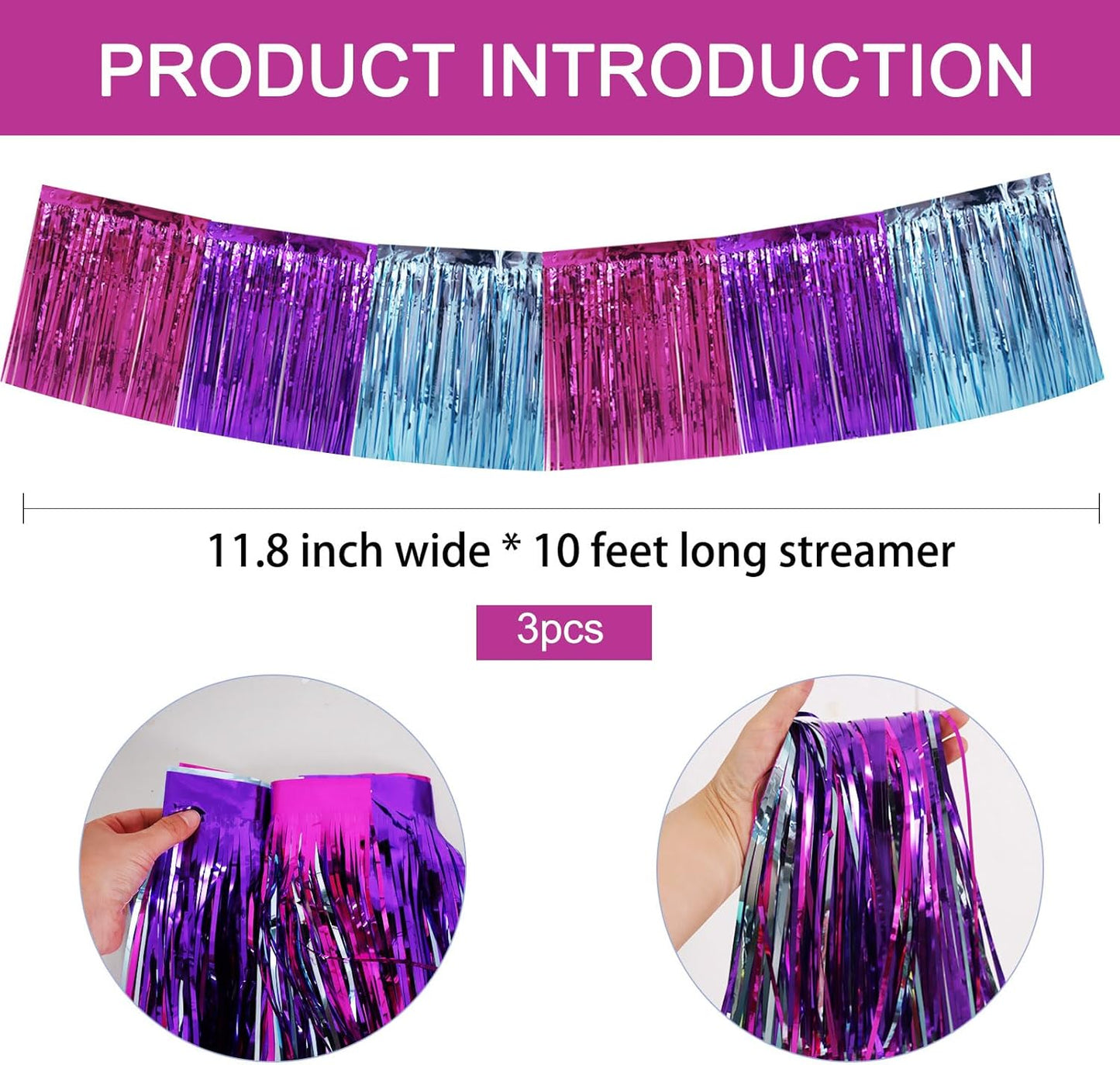 BEISHIDA 3 Packs Metallic Foil Fringe Garland Blue Purple Pink Wall Hanging Tinsel Fringe Banners for Car Floats Bridal Shower Wedding Birthday Easter Graduation Holiday Party Decoration(30 Feet)