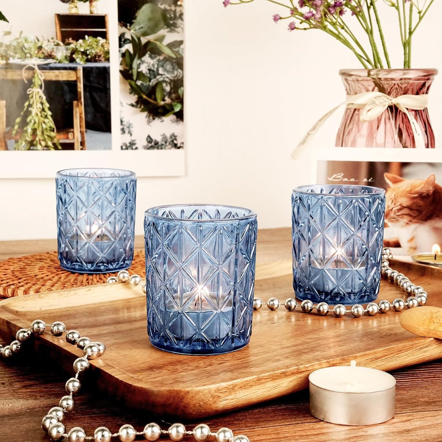 24pcs Blue Votive Candle Holders, Glass Votives Candle Holder in Bulk for Table Centerpieces, Tea Lights Candle Holder for Wedding Party Holiday Decor (Blue,24)