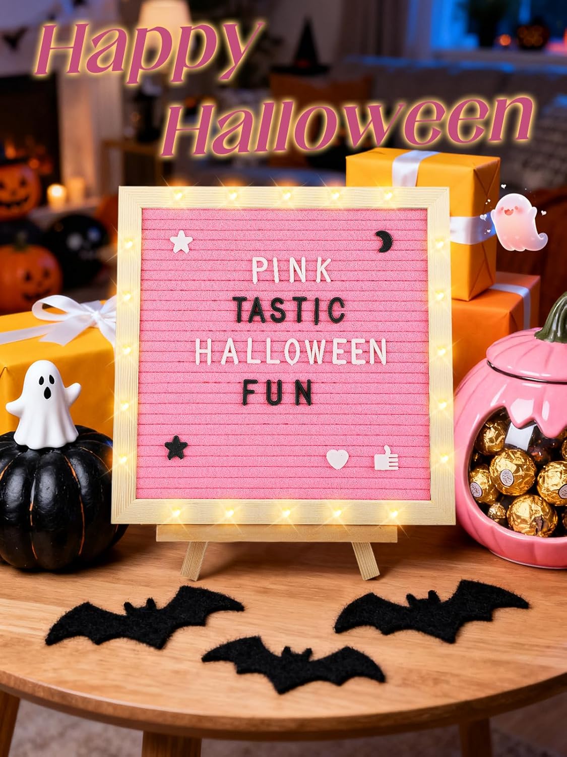 Light up Changeable Felt Letter Board Sign with LED Lights - 10×10" Message Board& Wood Stand& 450 Letters, for Halloween/Birthday/Event/Pregnancy/Baby Announcement/Home Wall Decor Girls Gifts, Pink